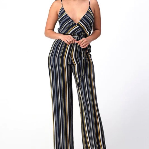 Striped Spaghetti Strap V-neck Jumpsuit w/Tie - Picture 5 of 5